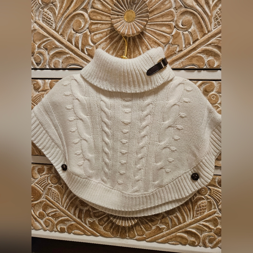 Janie and Jack Cream Cable-Knit Turtleneck Poncho with Chocolate Brown Details